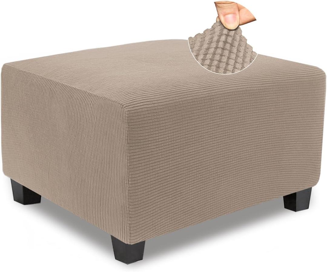 NeColorLife Stretch Ottoman Cover Square Oversized Soft Knitted Jacquard Thick Covers for Large Square Ottoman Storage Stool Furniture Protector Khaki X-Large