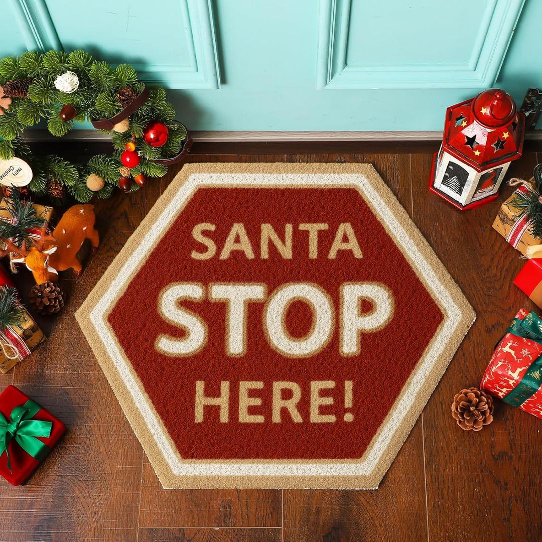 Dunzy Christmas Doormat Santa Stop Here Welcome Floor Mat Winter Outdoor Rugs Decorative Xmas Non Slip Doormat for Front Decor Home Entrance Indoor Outdoor, 20.5 x 23.5 Inch