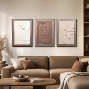 3D Textured Geometric Wall Art for Living Room- 3 Pieces Modern Abstract Sculptural Wall Decor for Hallway, Metal Framed Boho Artwork for Bedroom Office Home Decor Ready to Hang 60×28inches, 20"x28"x3