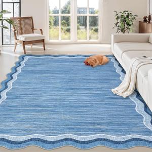 Scalloped Washable 8x10 Rugs for Living Room Bedroom Large Scalloped Solid Rug Non-Slip Stain Resistant Carpet Easy Clean Kids&Pet Friendly Carpet for Nursery Dining Room Table Dorm Blue