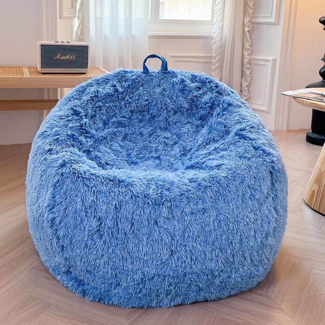 XeGe Comfy Bean Bag Cover (No Filler), Fluffy Stuffed Animal Storage Bean Bag Chair Cover for Bedroom, Furry Fuzzy Big Bean Bag Cover Adults Teens Girls, Anti-slip, Ombre Cobalt Blue (Large(38"x38"x40"))