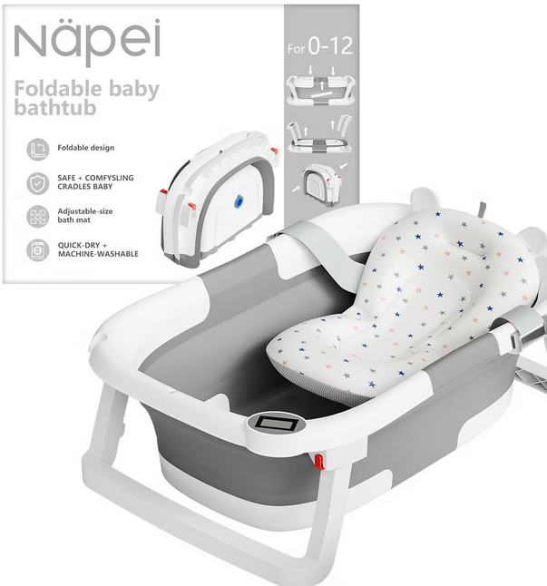 napei Collapsible Baby Bathtub,Baby Bath Tub with Soft Cushion & Thermometer,Baby Bathtub Newborn to Toddler 036 Months,Portable Travel Baby Tub