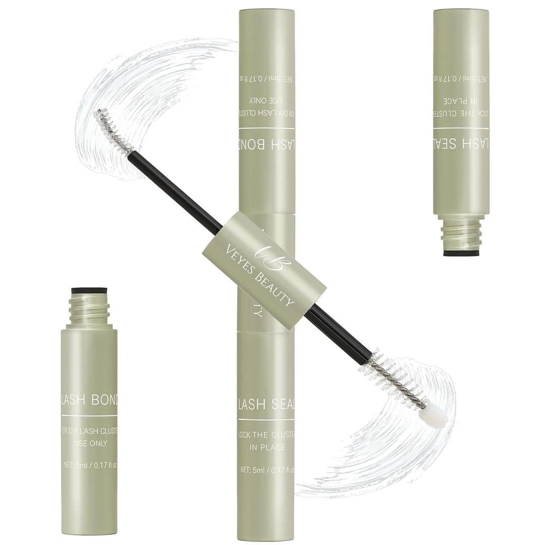 VEYESBEAUTY Lash Bond and Seal Waterproof 2 in 1 Cluster Lash Glue for Eyelash Extensions Long Lasting Strong Hold Individual Eyelash Glue for Self-Application at Home 5ml+5ml(White Bond)