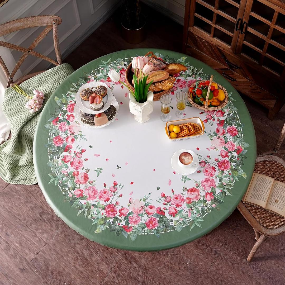 Round Fitted Tablecloth with Elastic Waterproof Oil Proof Table Protector Rose Floral Table Cover for Spring Summer Outdoor Picnic Home Kitchen Holiday (Rose, 36"-45" Round Tight Fit)