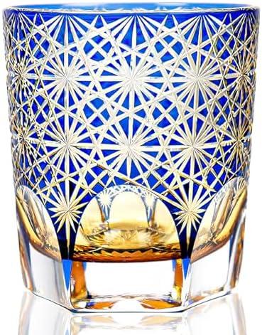 SANMENMO Handmade Edo Tokyo Kiriko Whiskey Glass, Double-Layer Colored Cut Glass, Crystal Glass Tumbler, Japanese Giftware for Cocktail, and Rum Lovers-1 Cup 8.5 Oz