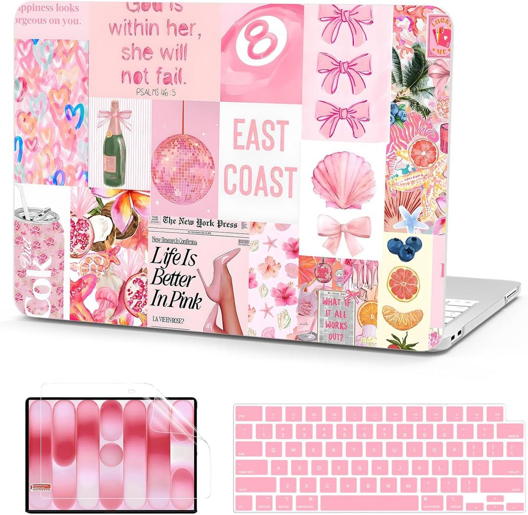 G JGOO Compatible with MacBook Neo Case 13 inch 2026 Release Model A3404 with A18 Pro Chip, Plastic Protective Laptop Hard Shell Case with Keyboard Cover & Screen Protector, Pink Collage