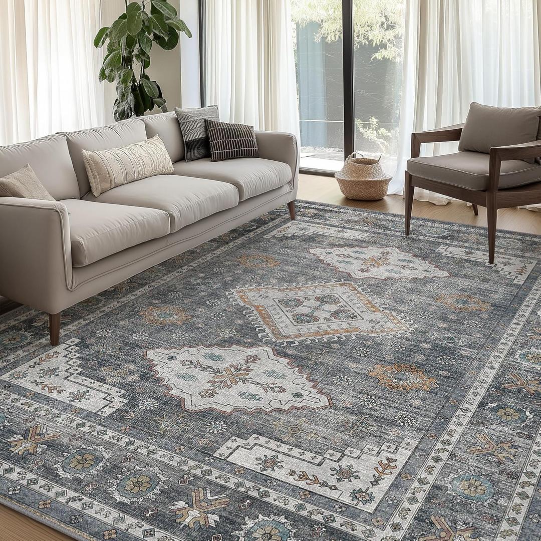 Area Rugs 6x9 for Living Room Bedroom, Machine Washable Area Rug Floor Cover, Print Vintage Tribal Aesthetic Carpet, Low Pile Mat with Non Slip Rubber Backing, Distressed Dark (Charcoal Black)