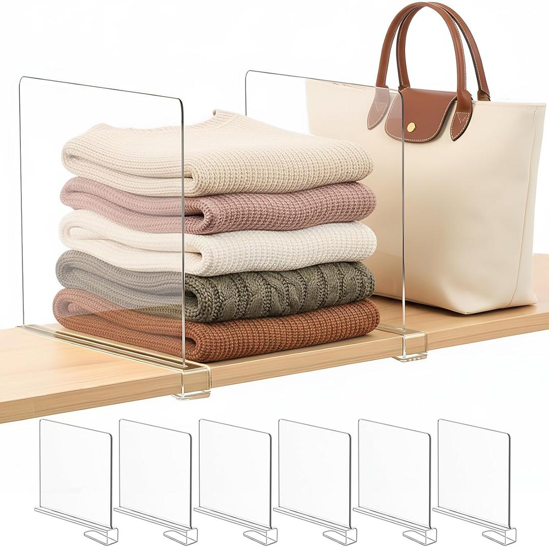 Shelf Dividers Purse Organizer for Closet: 11-inch Tall(Extra Tall) Acrylic Sweater Organizer - Upgraded Extra Height for Large Handbags, Totes, Clothes, Towels on Wood Shelves 6-Pack