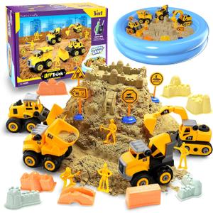 YIDESTARS Play Construction Sand Kit,2.2lbs Magic Sand W/4 Large Take Apart Construction Trucks,1 Sandbox,8 Worker Figures and Road Signs,8 Molds,Toys for 2-8 Years Old Boys Girls