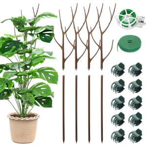 4 Pack 27.56" Detachable Twig Plant Support Stakes Set, Blends in to Plant, Branch Plant Sticks with Orchid Clips Twist Plant Ties, Twig Trellis for Indoor Outdoor Plants Potted Plants Flower (27.56" - 4 Pack, Brown)