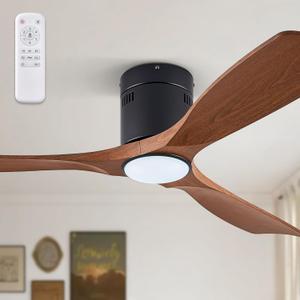 52" Ceiling Fans with Lights and Remote Control,Modern Flush Mount Ceiling Fan with 3 LED Colors,Outdoor Low Profile Ceiling Fans with 6-Speeds Timer DC Motor for Bedroom Living Room Patio (Walnut)