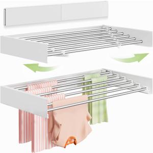 Vikaqi Wall Mounted Clothes Drying Rack 40 inches, Foldable Wall Mount Laundry Rack Folding Indoor, Drying Rack Clothing Collapsible, Hidden Space Saver with Wall Template, 6 Rods, White