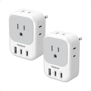 2 Pack European Travel Plug Adapter (No Voltage Conversion), TESSAN US to Europe Plug Adapter with 4 Electrical Outlets 3 USB Ports (2 USB C), Type C Power Adaptor for EU Italy Iceland Spain