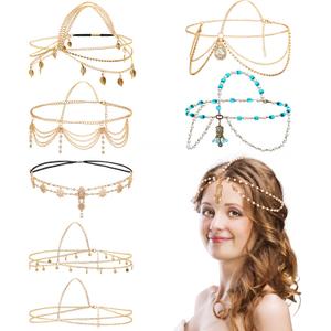 WILLBOND 8 Pieces Gold Head Chain Jewelry Halloween Boho Headband Coins Pearl Tassel Chain Hair Band Festival Prom Wedding Headpiece for Women(Elegant Style)