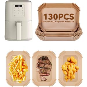 130PCs Air Fryer Paper Liners for bella 4Qt Slim Air Fryer(3.3lb Capacity), Rectangular Airfryer Disposable Parchment Paper Liner, Non-Stick Food-grade Air-Frier Accessories Rectangle Free of Bleach
