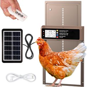Automatic Chicken Coop Door Solar Powered, LCD Display Automatic Chicken Door with Timer & Light Sensor, Aluminum Alloy Chicken Door with Remote Control & 4 Modes (Brown)