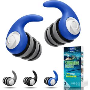 Waterproof Swimming Ear Plugs for Adults - 3 Pairs of Reusable Soft Silicone Swim Earplugs,Perfect for Surfing, Diving,Pool,Showering and Other Water Sports - Keep Water Out and Ear Protection (Adults(12+ Years)-Black, Gray, Blue)