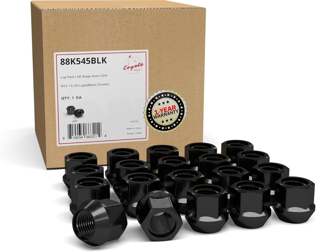 Wheel Accessories Parts 20 Pcs M12x1.5 12x1.5 Thread Open End Bulge Acorn 21mm 0.84" Long Lug Nuts Black 3/4" 19mm Hex Fits Many Chevy Honda KIA Hyundai Passenger Vehicles