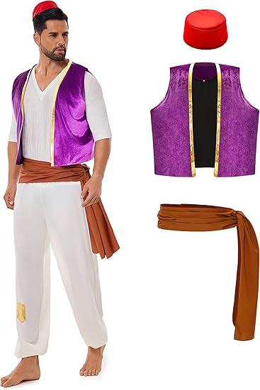 Funna Arabian Costume Men Adult Prince Dress Up 5 Piece Outfit with Vest, Hat, Shirt, Pants, Belt for Party Supplies Size M