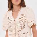 MOON RIVER Women's Short Sleeve Embroidered Eyelet Front Tie Top (Cream, L)