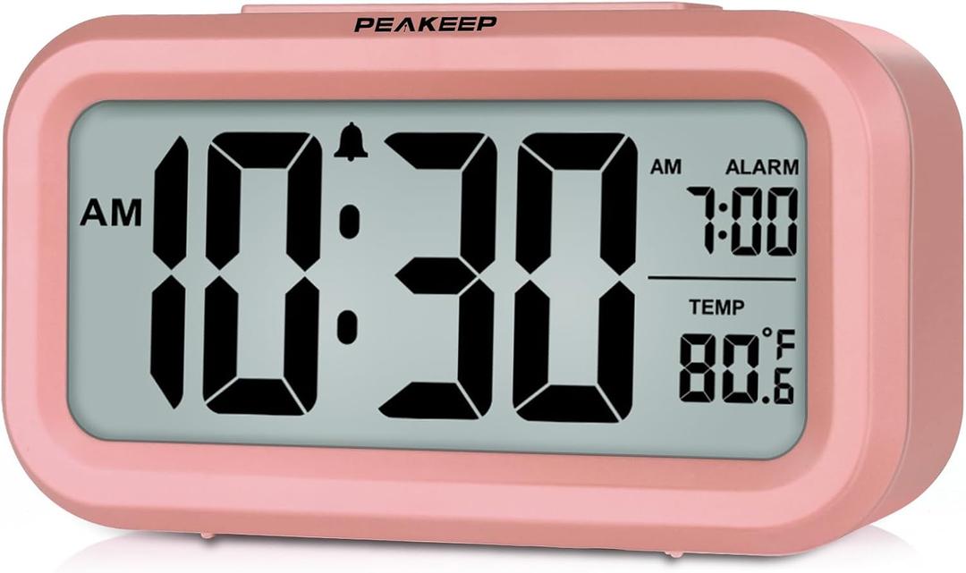 Peakeep Night Light Digital Alarm Clock with Indoor Temperature, Battery Operated Desk Small Clock (Light Salmon Pink)