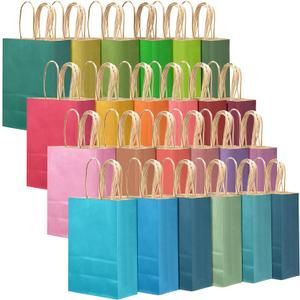 Qiqee 24Pcs Medium Gift Paper Bag with Handles Bulk - 10.6"x8.3"x4.3" Rainbow Party Bags - Mulit Color