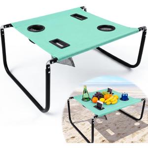 Portable Beach Table Foldable Camping Picnic Table with Cup Holder and Phone Pockets Lightweight Stable for Tailgate Travel Fishing Hiking and Outdoor Adventures(Green,Solid Pattern)