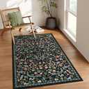 Moynesa Floral Machine Washable Rugs, 3x5 Rug for Entryway Non Slip Small Botanical Living Room Area Rug, Boho Ultra Thin Soft Bedroom Floor Throw Carpet for Dorm Bathroom Nursery, Black