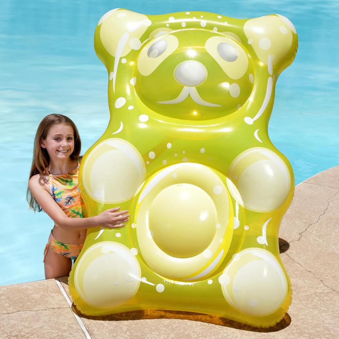 SLOOSH 60" Inflatable Gummy Bear Pool Floats - Fun Floaties Swimming Pool Float Toys Party Decorations, Beach Vacation Essentials Lounge Water Raft Cute Birthday Party Decor