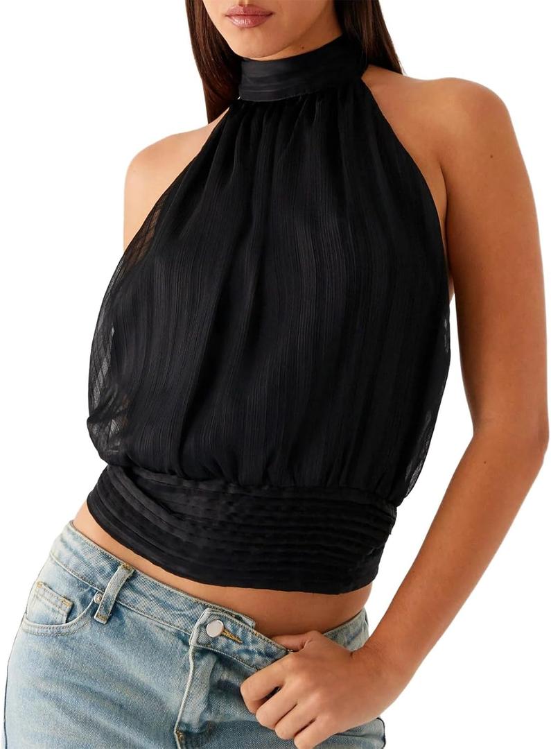 Women Y2k Halter High Neck Top Sexy Open Back Sleeveless Ruched Cinched Waist Cropped Shirt Retro Going Out Camisole (Black, L)
