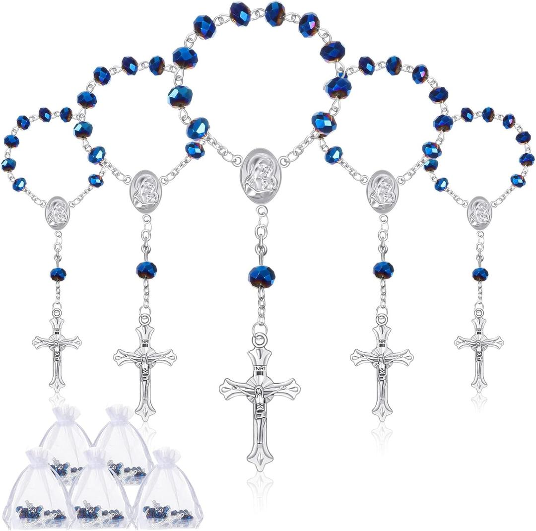 Yinkin 30 Pieces Baptism Rosary Catholic Mini Rosaries Baptism Favors for Guests Party Favors Rosary Beads 30 Pcs Organza Bags for Christening Weddings First Communion Gift, (Blue)