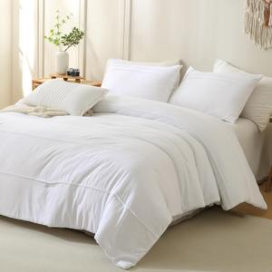 Masaca Oversized King Comforter 128x120,White Pinch Pleat Bedding Comforter,3 Pieces Vintage Farmhouse Lightweight and Soft Boho Bedding Set for All Season