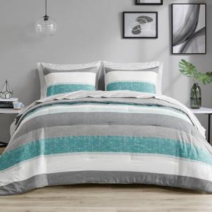 Madison Park Essentials Queen Comforter Set, Bed in A Bag Comforter & Sheet Set, Modern Casual Stripes Print, All Seasons, Soft Microfiber Bedding Makeover, Matching Shams, Queen Aqua/Grey 7 Piece