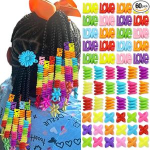 60PCS Colorful Girls Beads for Hair, Cute Hair Beads Jewelry Kit, Acrylic Material with Large Hole Design, Mixed and Candy Colors for Various Hair Decoration, Dreadlocks, DIY Crafts, Fit Women