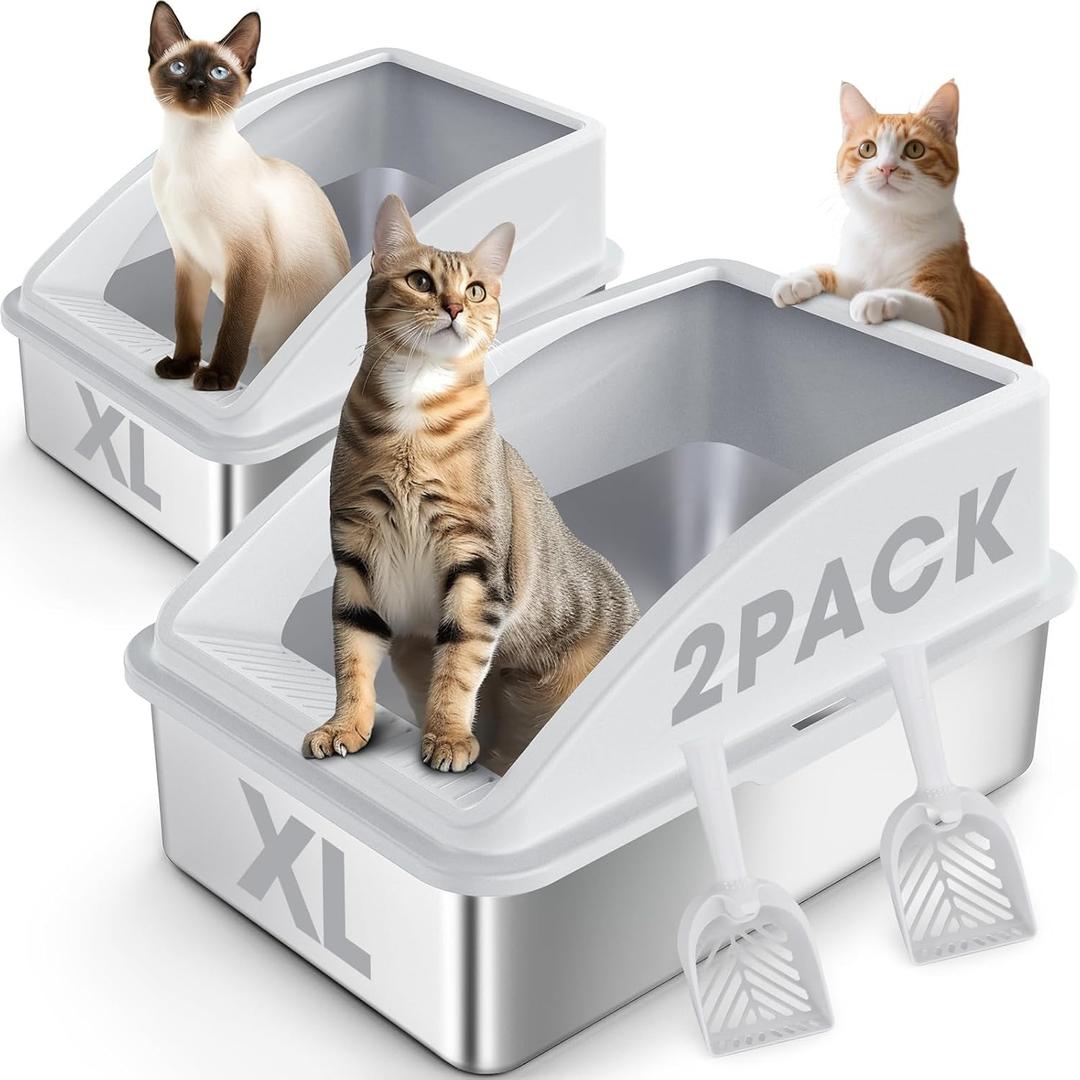 2 Pack Stainless Steel Litter Box | XL Enclosed Cat Litter Boxes with Lid for Big Cats and Multi-Cats | High Sided, Anti-Urine Leakage | Non-Stick BottomSilver Gray
