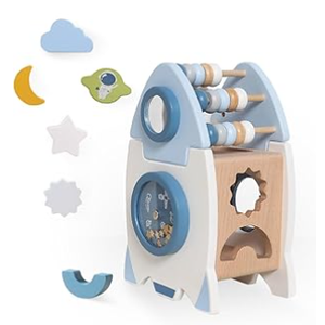 Wooden Shape Sorter Toys with Stacking,Bead Maze,Magic Mirror, Space Scene Wheel,5 in 1 Rocket Shape Sorting Cube Toys for Toddlers Montessori Activities,Sensory Toy1 2 3 4 5 Year Old Boys Girls Gift 