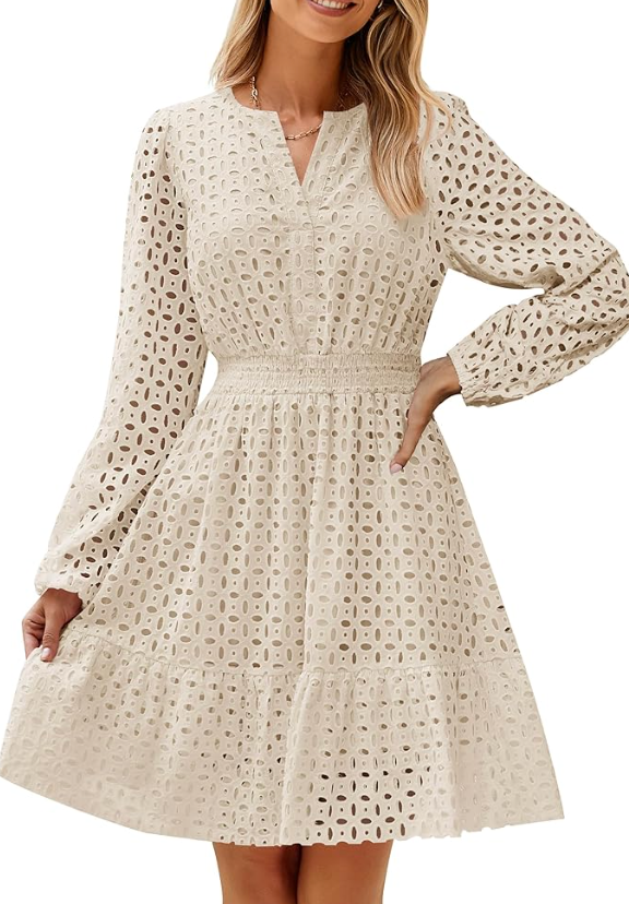 Caracilia Womens Dresses Long Sleeve V Neck Eyelet Hollow Out Fall Casual Flowy Swing Boho Tiered 2026 Mini Short Dress Large
