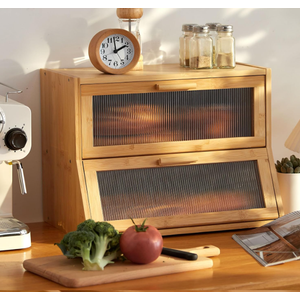 GHWIE Double Layer Bamboo Bread Box for Kitchen Counter,Large Capacity Bread Storage Bin,Bread Container with Acrylic Wavy Door Panel (Natural, Medium)