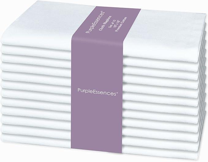 PurpleEssences Set of 12 Cloth Dinner Napkins 100% Cotton 18x18 Inch - Soft Durable Washable - Ideal for Farmhouse Party Spring Summer - Perfect Everyday Use Table Linen - White
