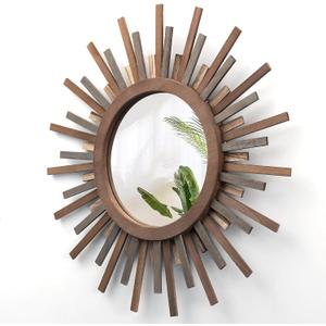 24 Inch Boho Sunburst Mirror, Decorative Rustic Farmhouse Wall Decor for Living Room, Bedroom, Bathroom, Hallway - Tricolor Wood Frame