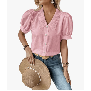 SweatyRocks Women's Puff Short Sleeve Collar Button Front Blouse V Neck Contrast Lace Shirt Tops, Medium