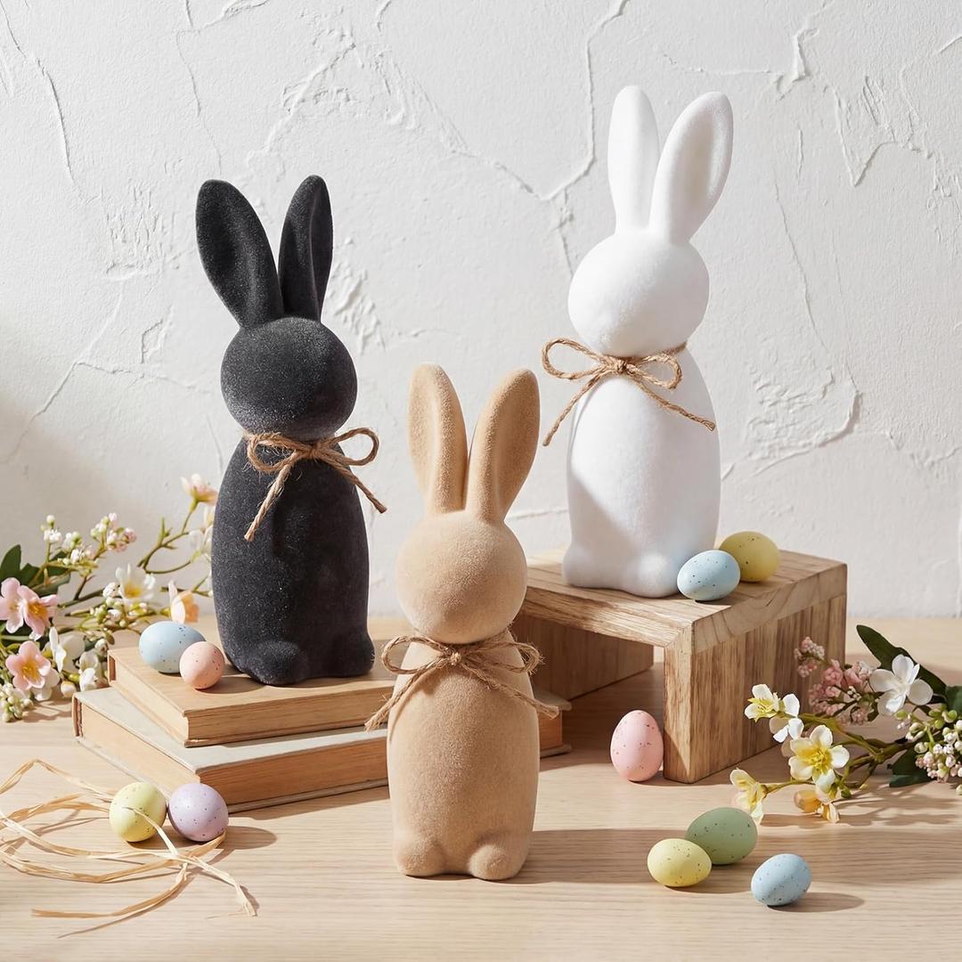 3 Pcs Easter Bunny Decorations Flocked Bunnies Figurine with Bow Tie Flocking Rabbit Tabletop Ornament for Easter Spring Signs Centerpieces for Farmhouse Home Decor (Black Brown White,8.66)