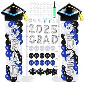 2 Sets Graduation Balloon Column Stand Kits with Balloons 2025 Prom Send off Graduation Themed Decoration Navy Blue Balloon Tower Stand Kit for Grad High School & College Celebration Party Supplies