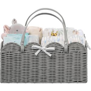 HBlife Baby Diaper Caddy Organizer, Large Portable Scalloped Plastic Wicker Woven Basket with Divider, Nursery Diaper Station, Baby Shower Gifts Basket, Car Organizer, Washable Waterproof