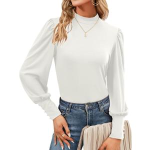 Qirno Womens Mock Neck Puff Long Sleeve Tops Casual Loose Solid Basic T Shirt Button Cuffs Pullovers Shirts Blouse (Medium)