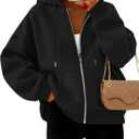 Trendy Queen Zip Up Hoodies For Women Cropped Sweatshirts Fall Fashion Outfits 2026 Y2k Fleece Teen Girls Clothes (Small, Black)