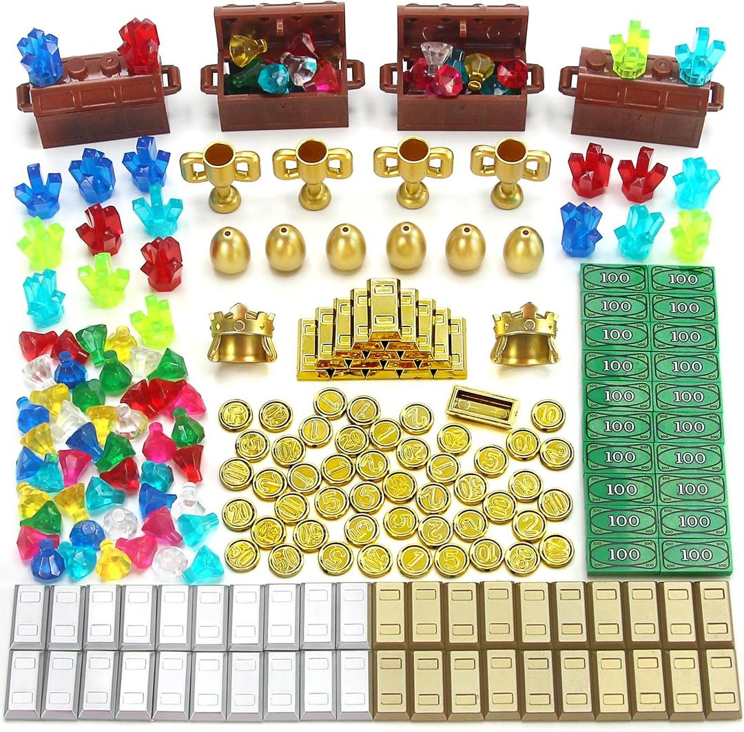 Treasure Gold Gems 230 Pcs Play Money Toy Chest Gold Coins Bars Golden Eggs Trophies Crown Jewels Diamonds Crystals Banknotes Cash Building Blocks Accessories for Medieval Kingdom Pirate