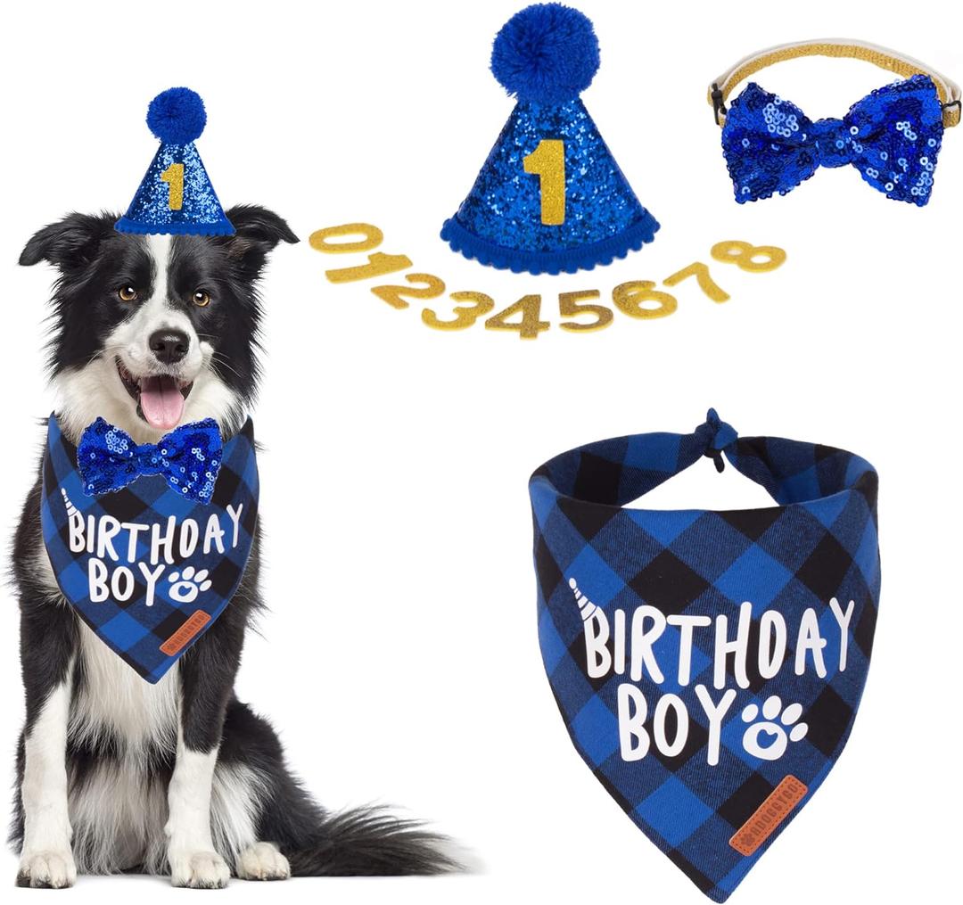 ADOGGYGO Dog Birthday Party Supplies, Multi Size Offered, Blue Birthday Boy Dog Bandana, Pet Party Hat with Numbers Bow for  Large Pets (Large)