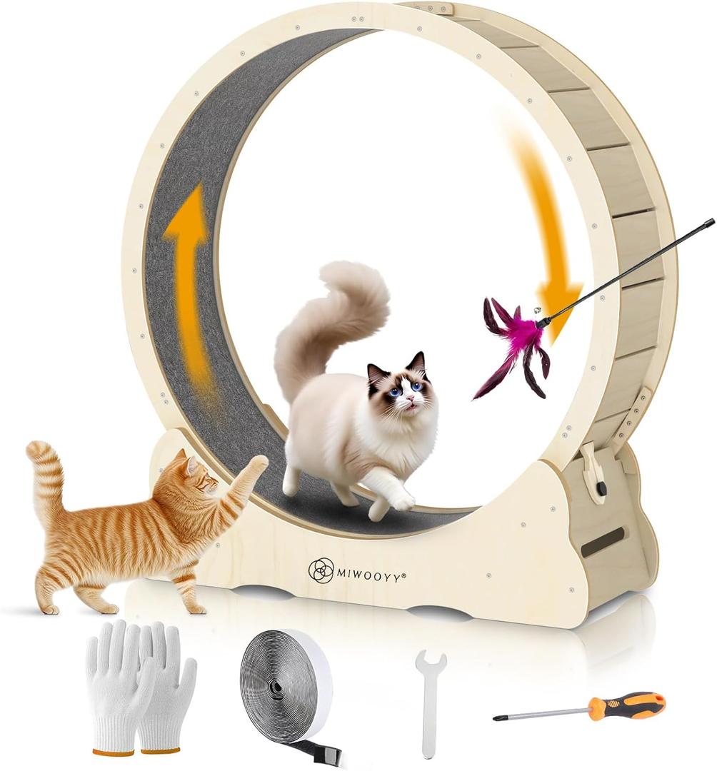 Large Cat Exercise Wheel 56 inch - Natural Solid Wood Kitten Wheel Exerciser for Indoor Cats, Safety Cat Treadmill with Lock & Minimized Gap Design (XXL)