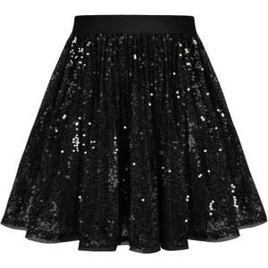 GRACE KARIN Girls Sequin Skirt Elastic Waist Sparkle Pleated Skirt for Party 5-14Y (Black)